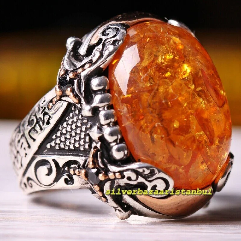 Islamic Natural Yellow Amber Stone 925 Sterling Silver Mens Ring