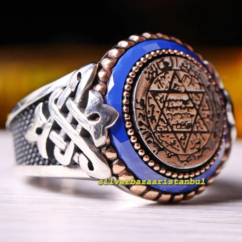 Islamic Sapphire Seal Of Solomon 925 Sterling Silver Mens Ring