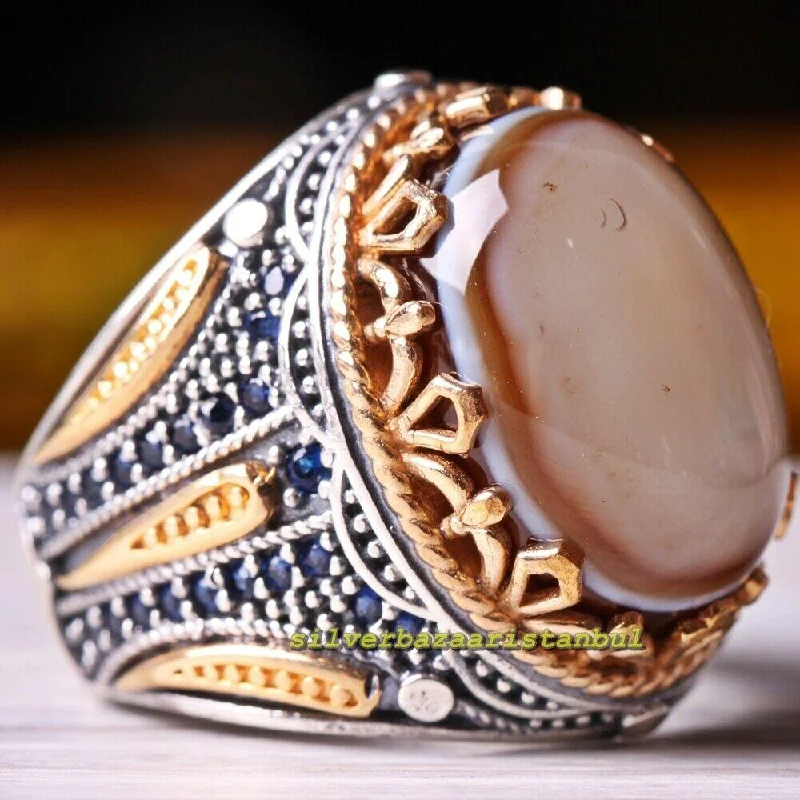 Kabdi Yemen Agate Aqeeq and Sapphire 925 Sterling Silver Mens Ring