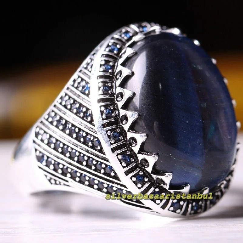 Labradorite and Sapphire Stone 925 Sterling Silver Mens Ring