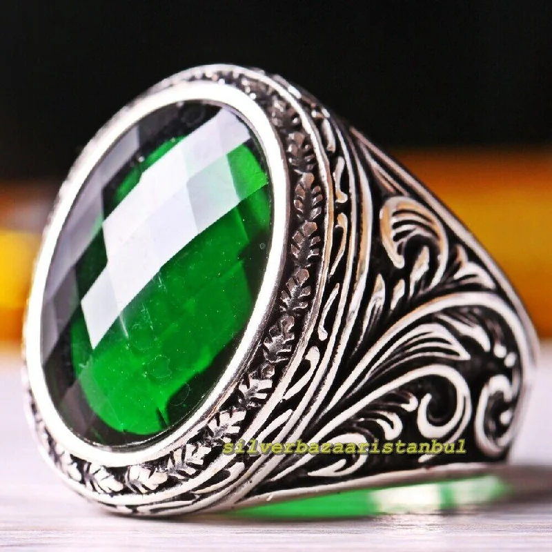 Leaf Design Faceted Emerald Stone 925 Sterling Silver Mens Ring