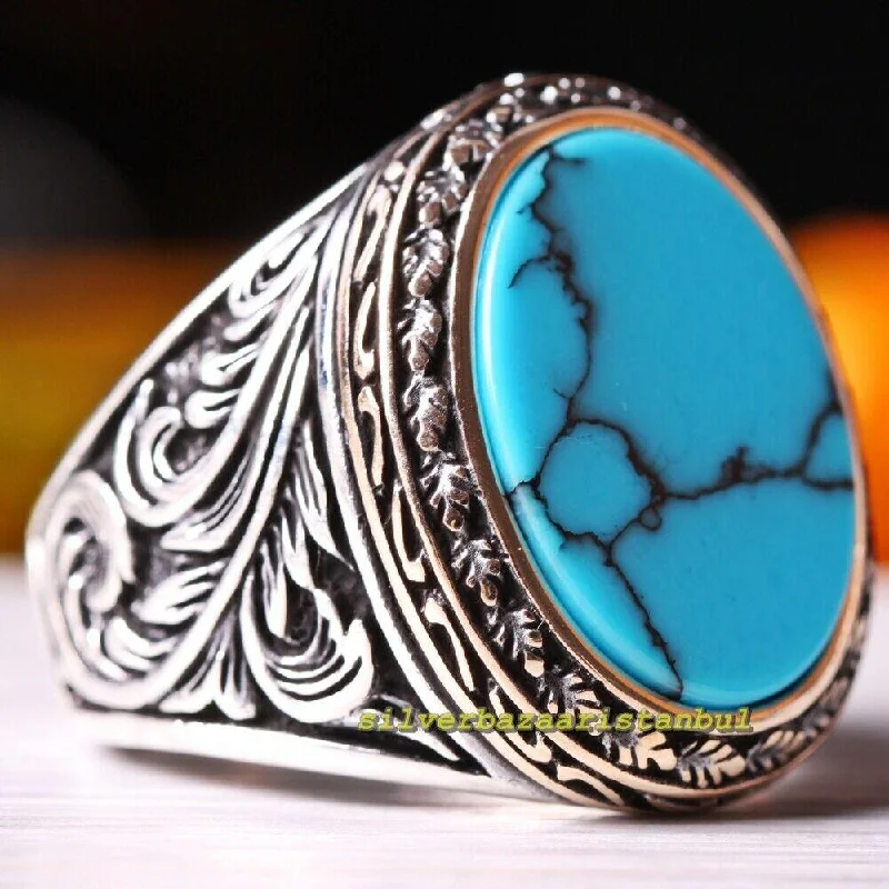 Leaf Design Turquoise Stone Handmade 925 Sterling Silver Mens Ring