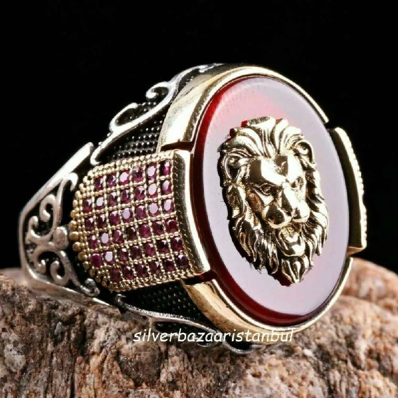 Lion Head Red Agate and Ruby Stone 925 Sterling Silver Mens Ring