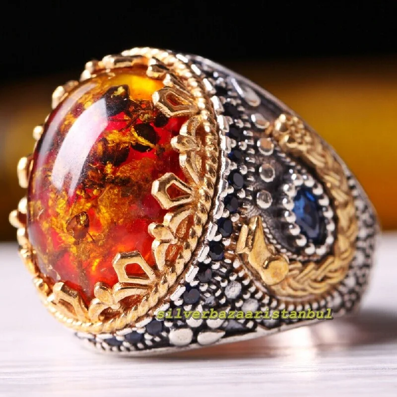 Luxury 925 Sterling Silver Fossil Amber and Sapphire Stone Mens Ring