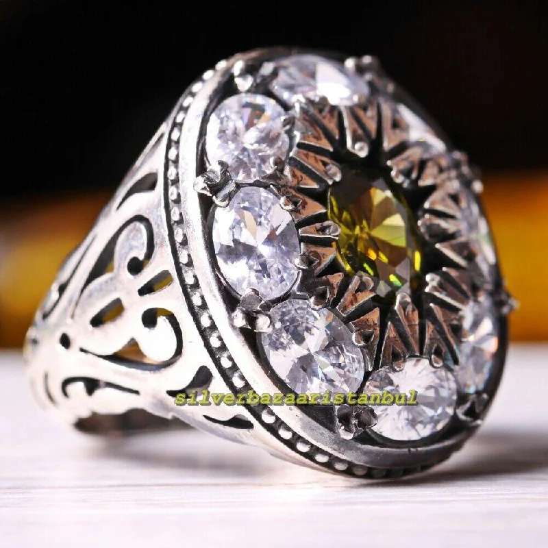 Luxury 925 Sterling Silver Peridot and Zircon Stone Mens Ring