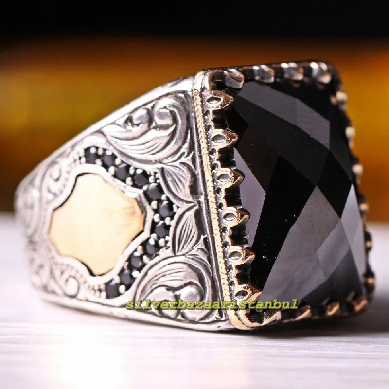 Luxury Black Faceted Onyx Stone Turkish 925 Sterling Silver Mens Ring