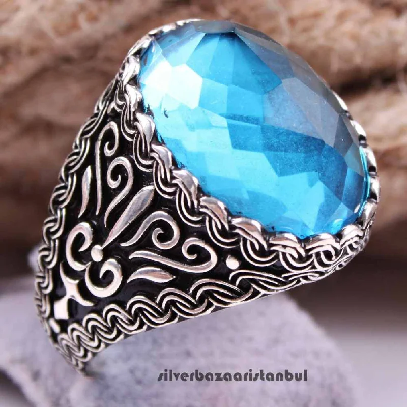 Luxury Cut Aquamarine 925 Sterling Silver Mens Ring