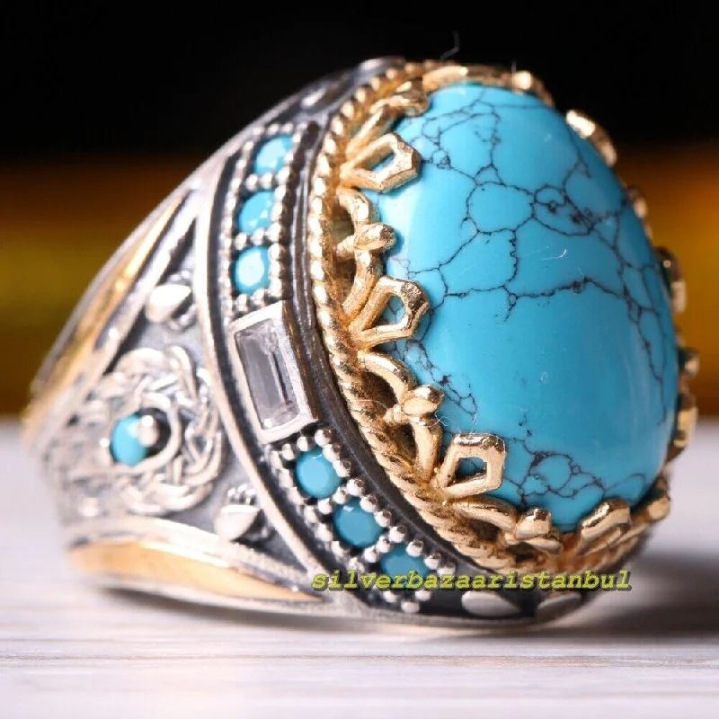 Luxury Oval Turquoise Stone Handmade 925 Sterling Silver Mens Ring