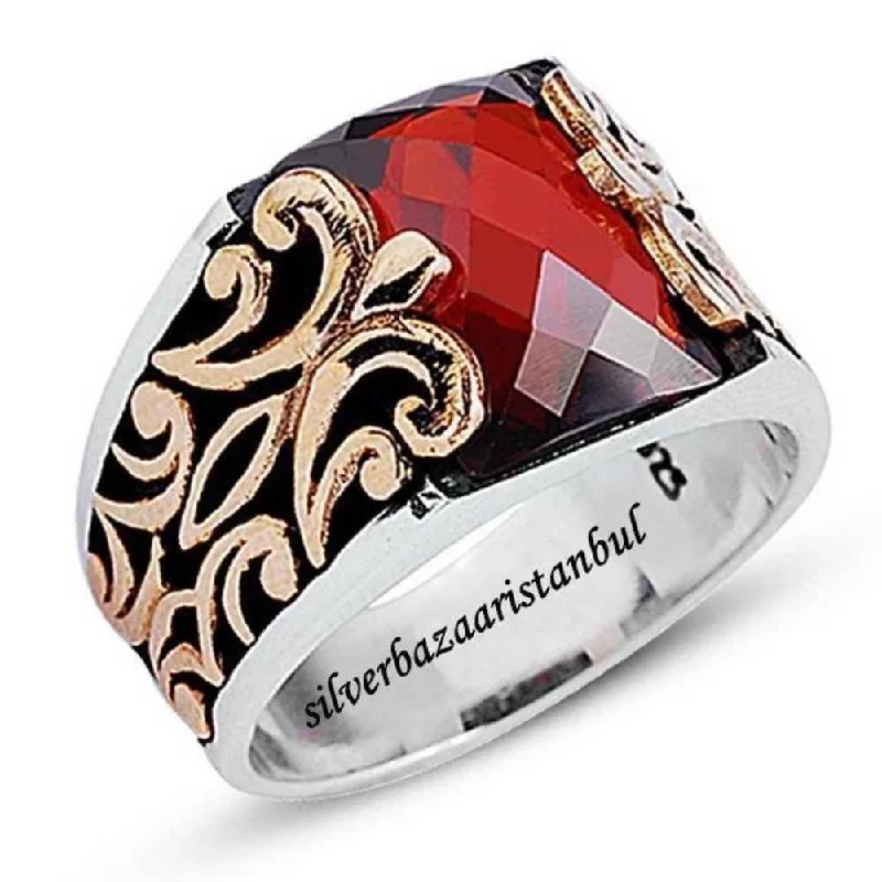 Luxury Ruby Stone Jewelry Handmade 925 Sterling Silver Mens Ring