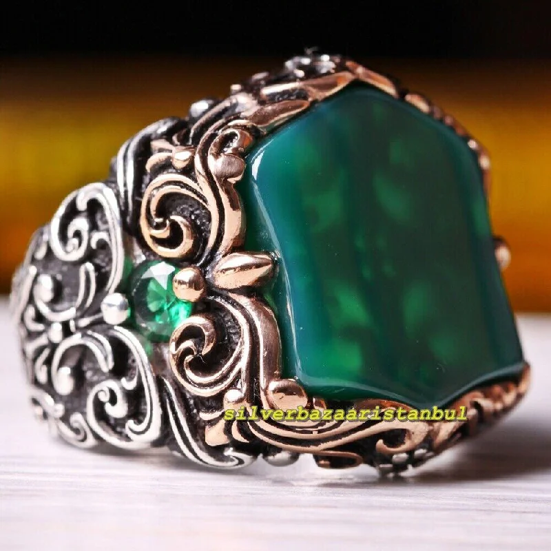 Mens Original Green Agate Stone Handmade 925 Sterling Silver Ring