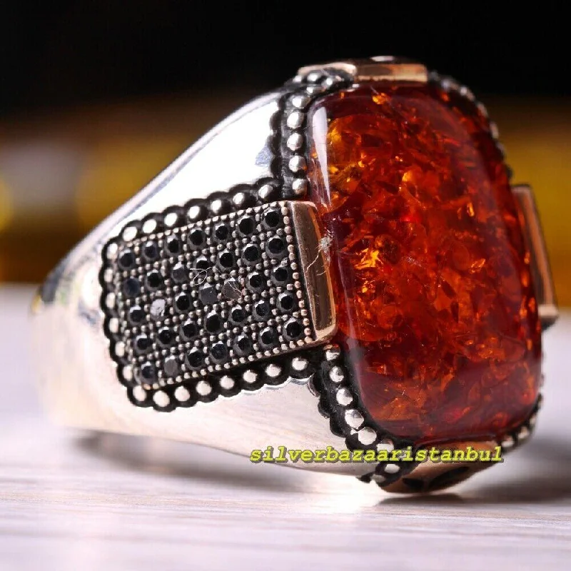 Mens Original Onyx and Amber Stone Exclusive 925 Sterling Silver Ring