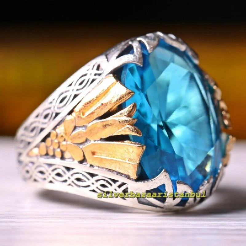 Mens Ring 925 Sterling Silver  Handmade Jewelry Sweet Aquamarine Stone