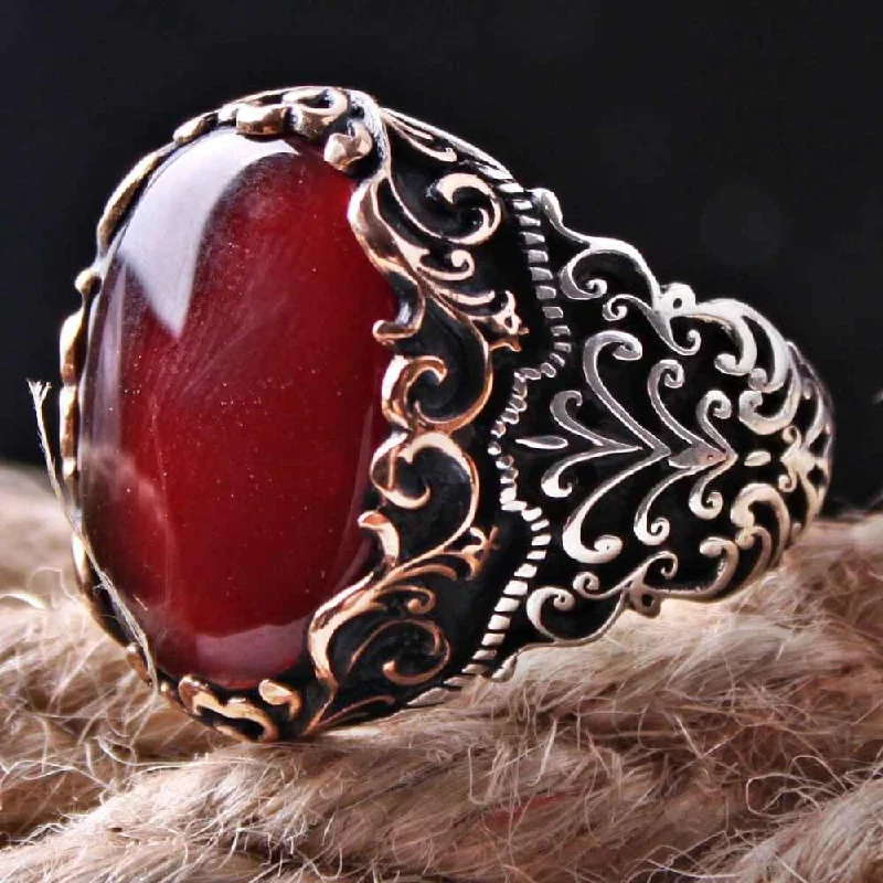 Most Popular Red Agate Style 925 Sterling Silver Mens Ring