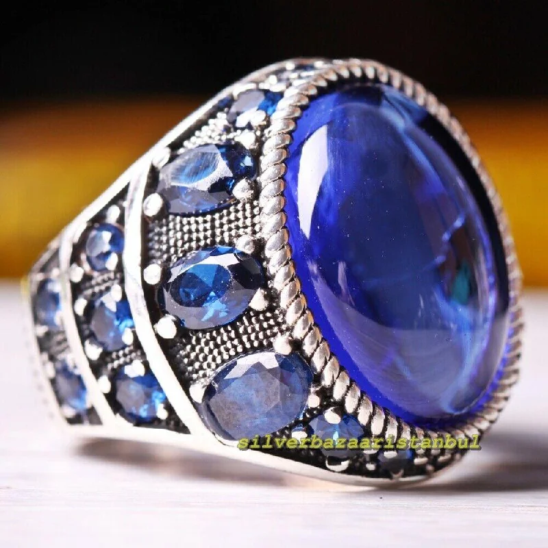 Multi Blue Sapphire Stones Handmade 925 Sterling Silver Mens Ring