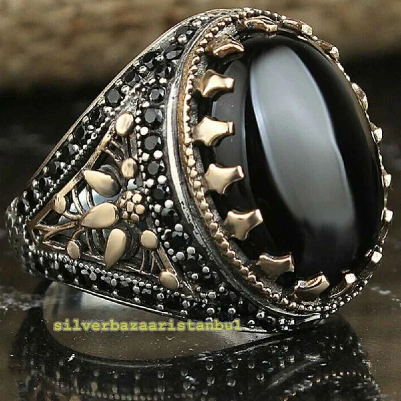 Multi Small Onyx Stones Heavy 925 Sterling Silver Mens Ring