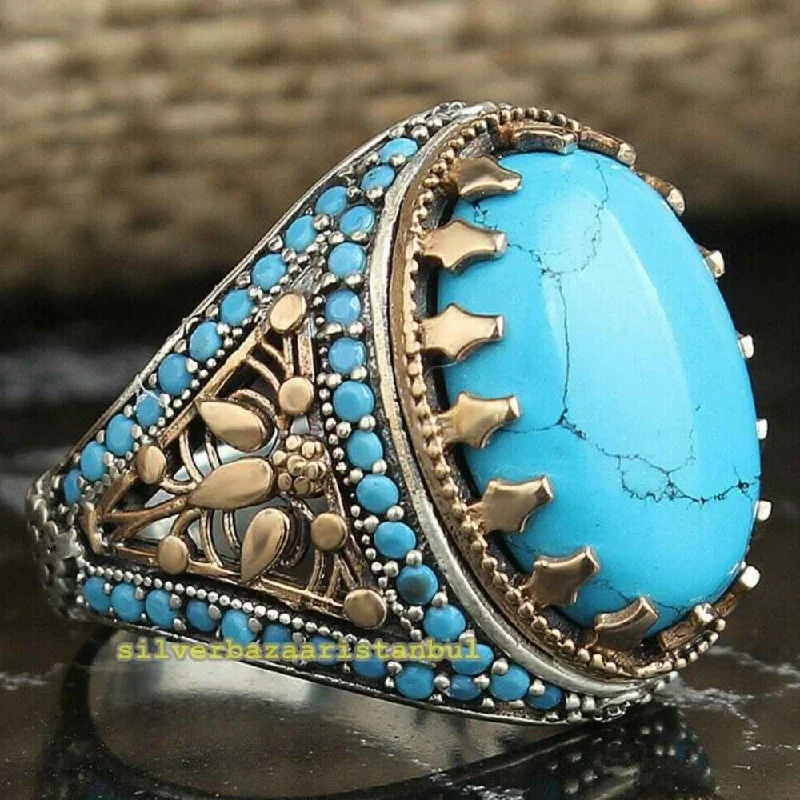 Multi Small Turquoise Stones Heavy 925 Sterling Silver Mens Ring