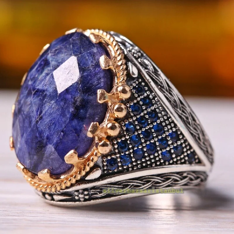 Natural Sapphire Stone 925 Sterling Silver Mens Ring