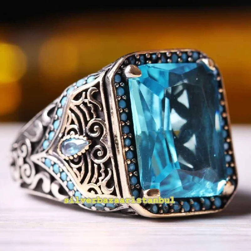 New Fresh Aquamarine Stone 925 Sterling Silver Mens Ring