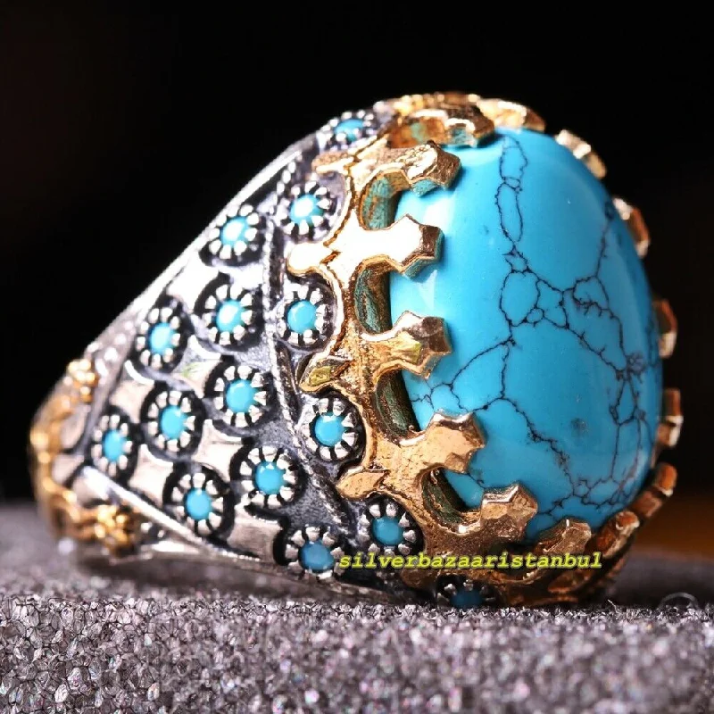 Original 925 Sterling Silver Blue Small Turquoise Stone Mens Ring