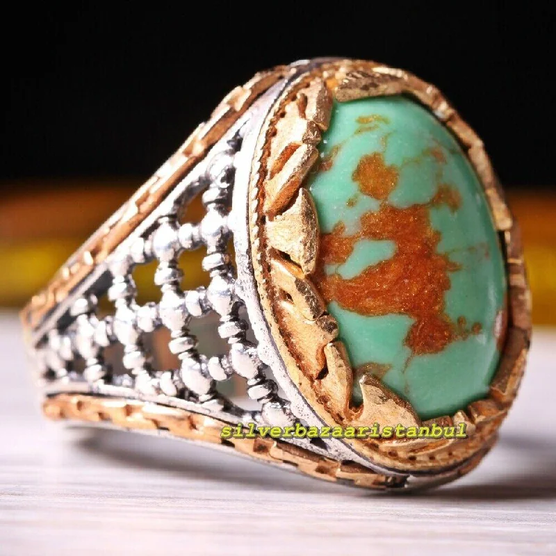 Original 925 Sterling Silver Natural Shape Turquoise Stone Mens Ring