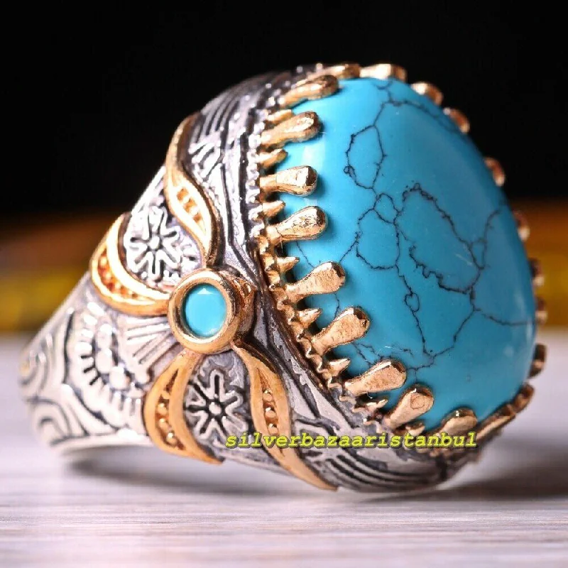 Original 925 Sterling Silver Winding Shape Turquoise Stone Mens Ring