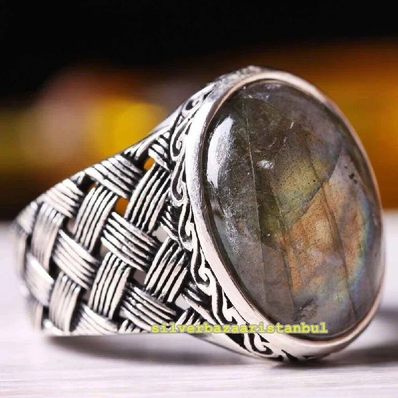 Original Natural Labradorite Stone 925 Sterling Silver Mens Ring