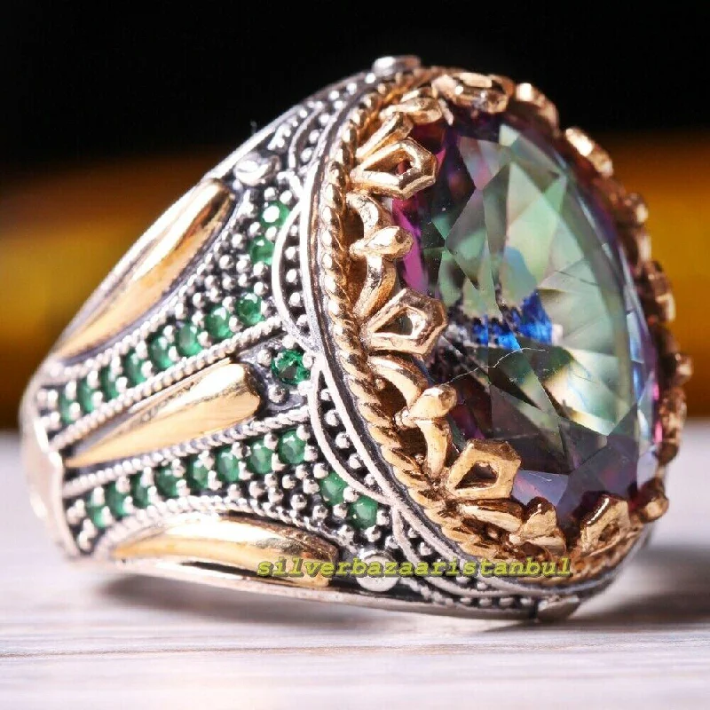 Original Tourmaline and Emerald Stone  925 Sterling Silver Mens Ring