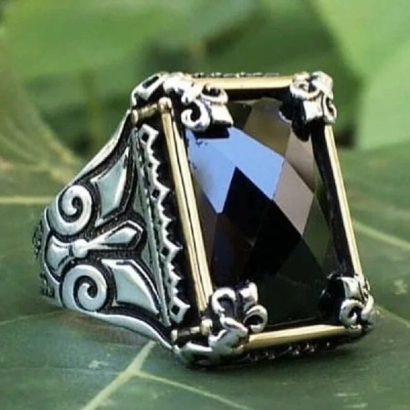 Ottoman Design Facet Onyx 925 Sterling Silver Mens Ring