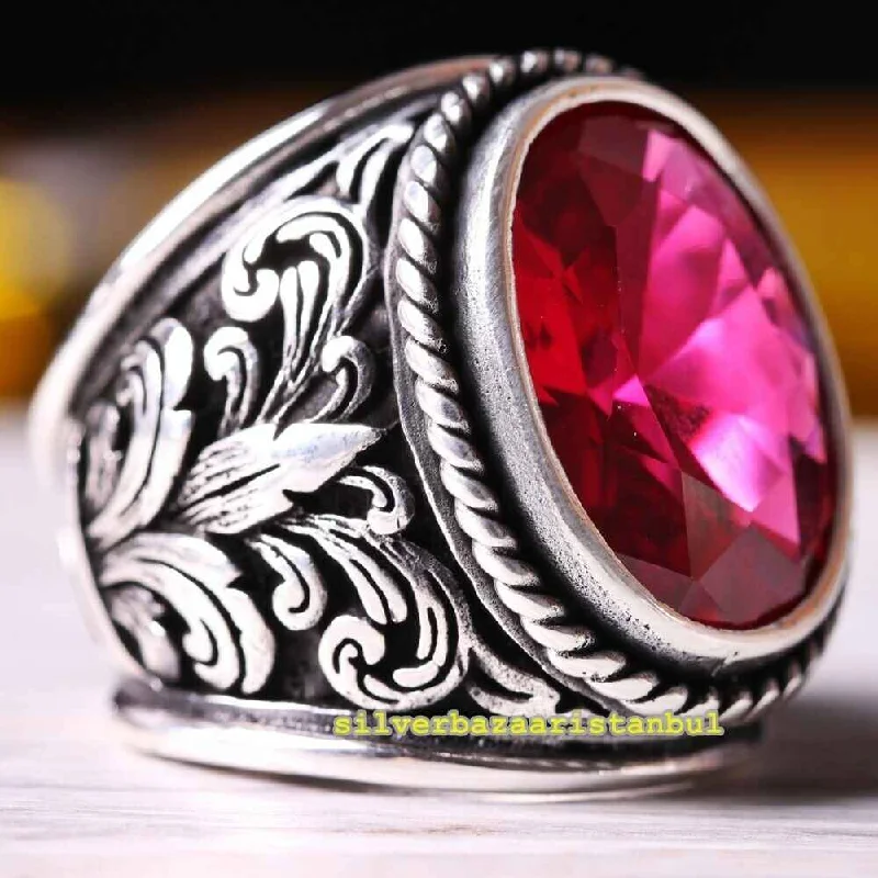 Ottoman Exclusive Red Ruby Stone 925 Sterling Silver Mens Ring