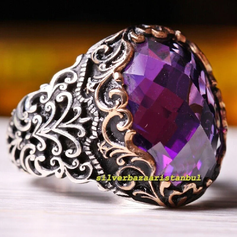 Purple Amethyst Stone 925 Sterling Silver Mens Ring