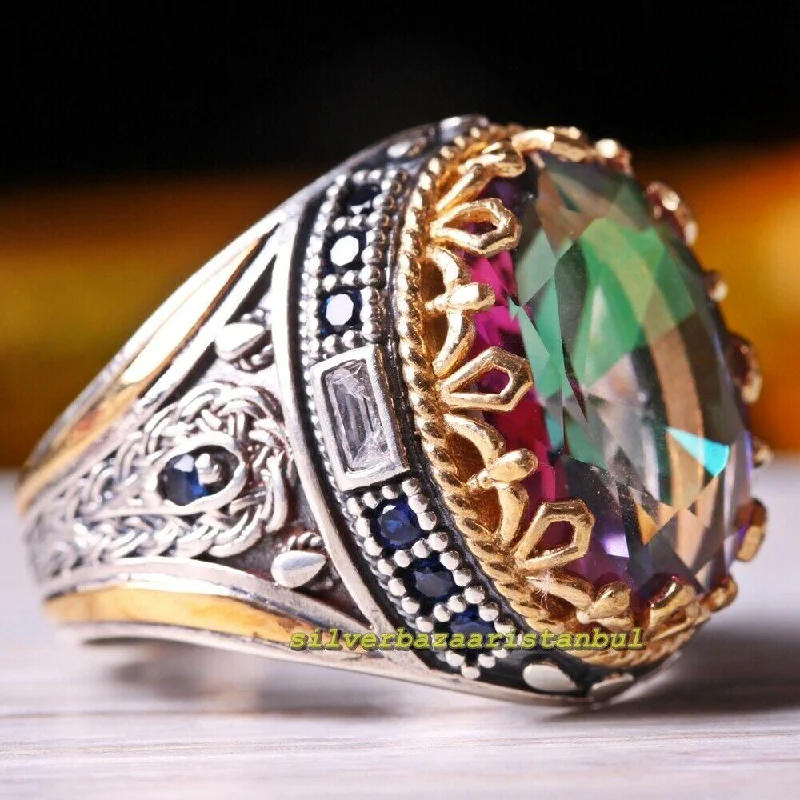 Rainbow Tourmaline and Sapphire 925 Sterling Silver Mens Ring