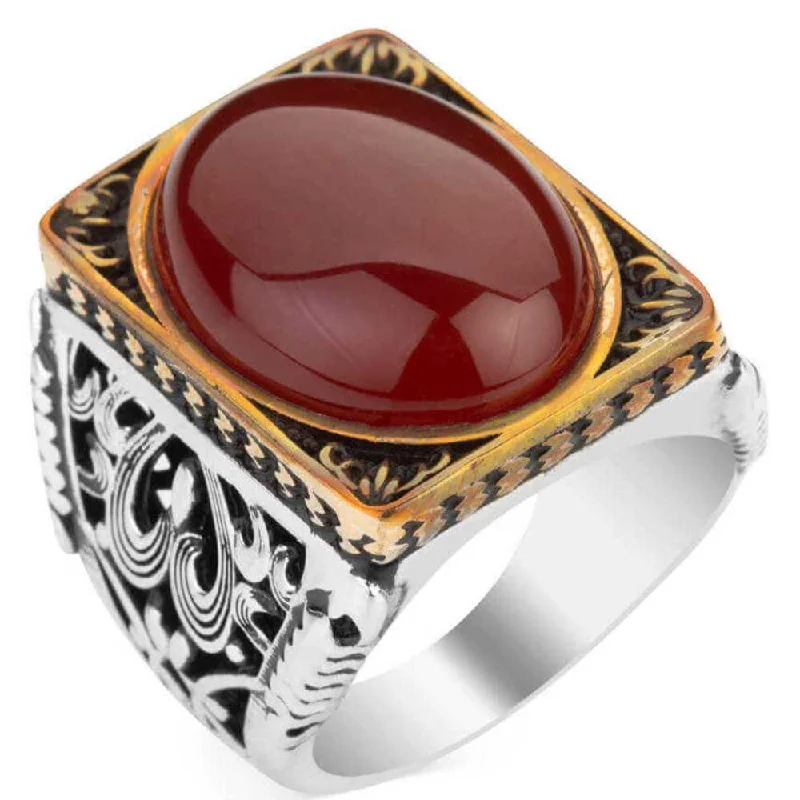 Rectangular Heavy 925 Sterling Silver Agate Stone Mens Ring