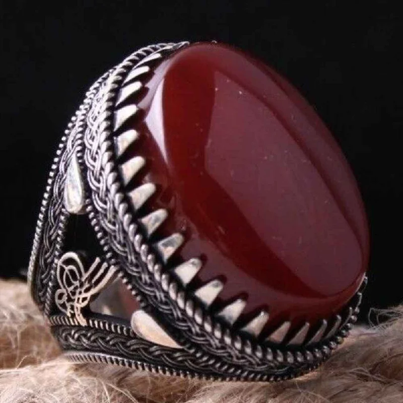 Red Liver Agate Stone Handmade 925 Sterling Silver Mens Ring