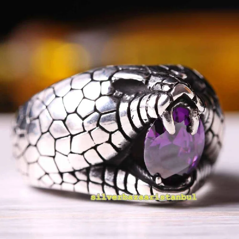 Roaring Lion Handmade Amethyst Stone 925 Sterling Silver Mens Ring