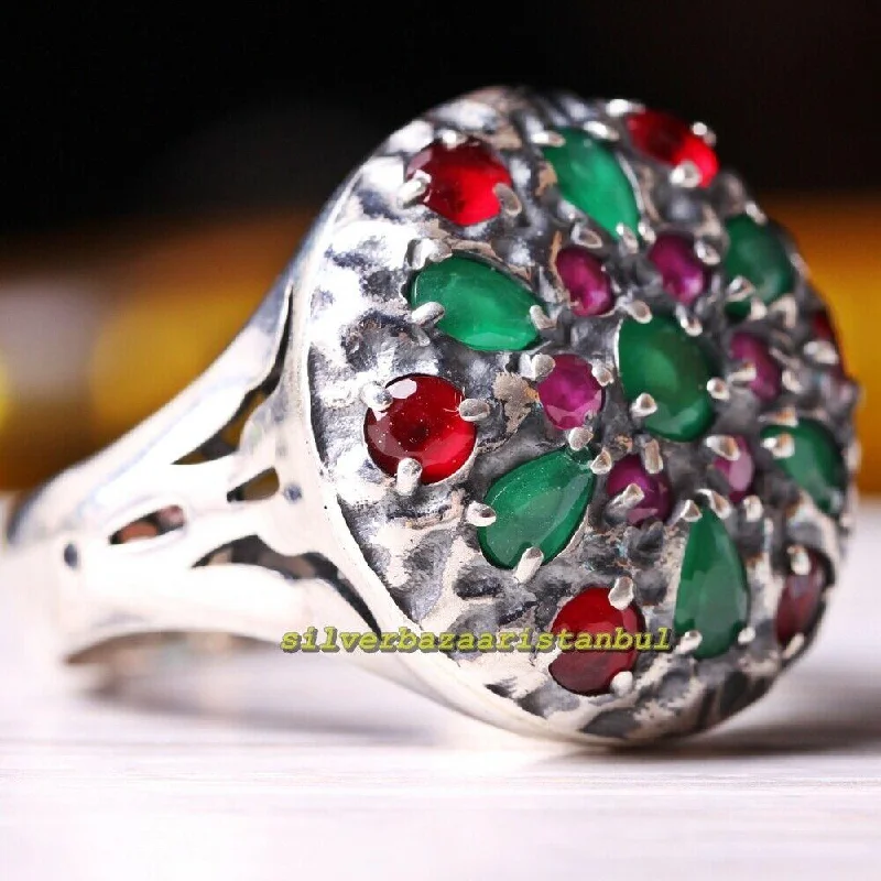 Round Multi Stones Luxury Handmade 925 Sterling Silver Mens Ring