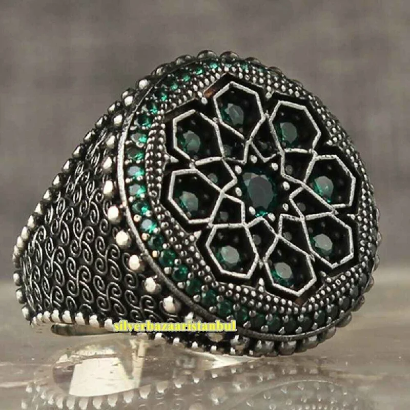 Round Small Multi Emerald Stones 925 Sterling Silver Mens Ring