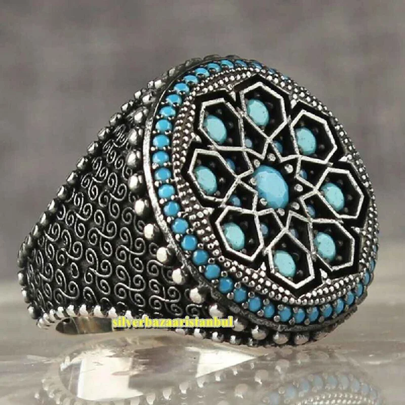 Round Small Multi Turquoise Stones 925 Sterling Silver Mens Ring