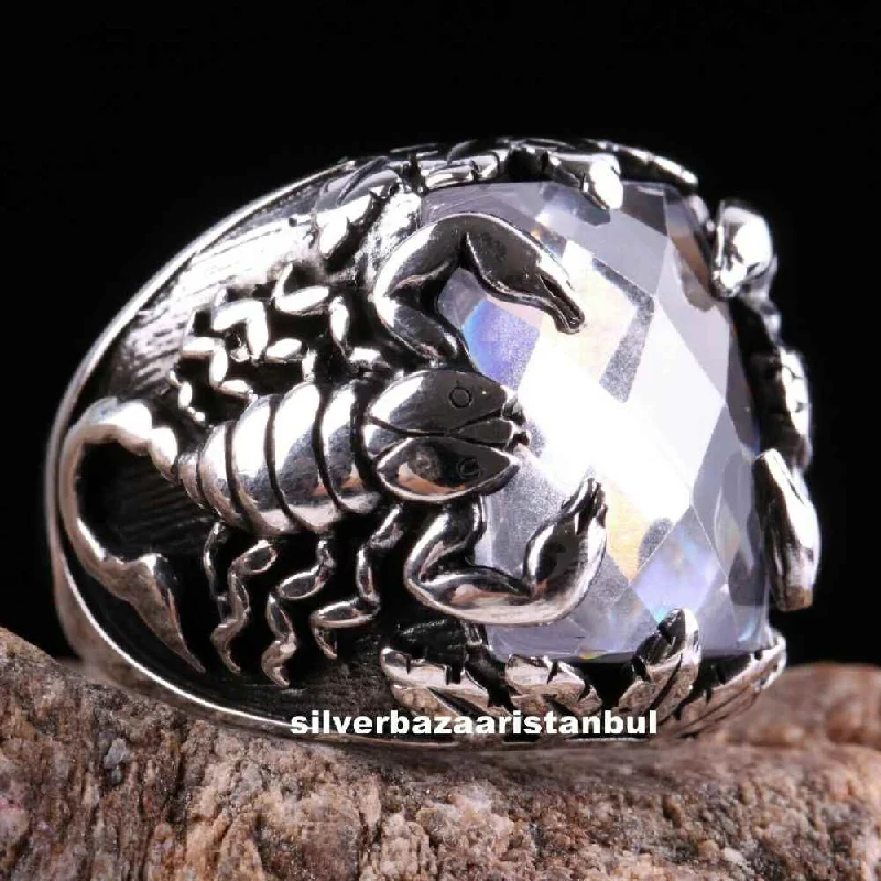 Scorpion Heavy Zircon Stone 925 Sterling Silver Mens Ring