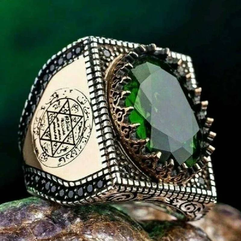 Seal of Solomon Heavy Emerald 925 Sterling Silver Islamic Mens Ring