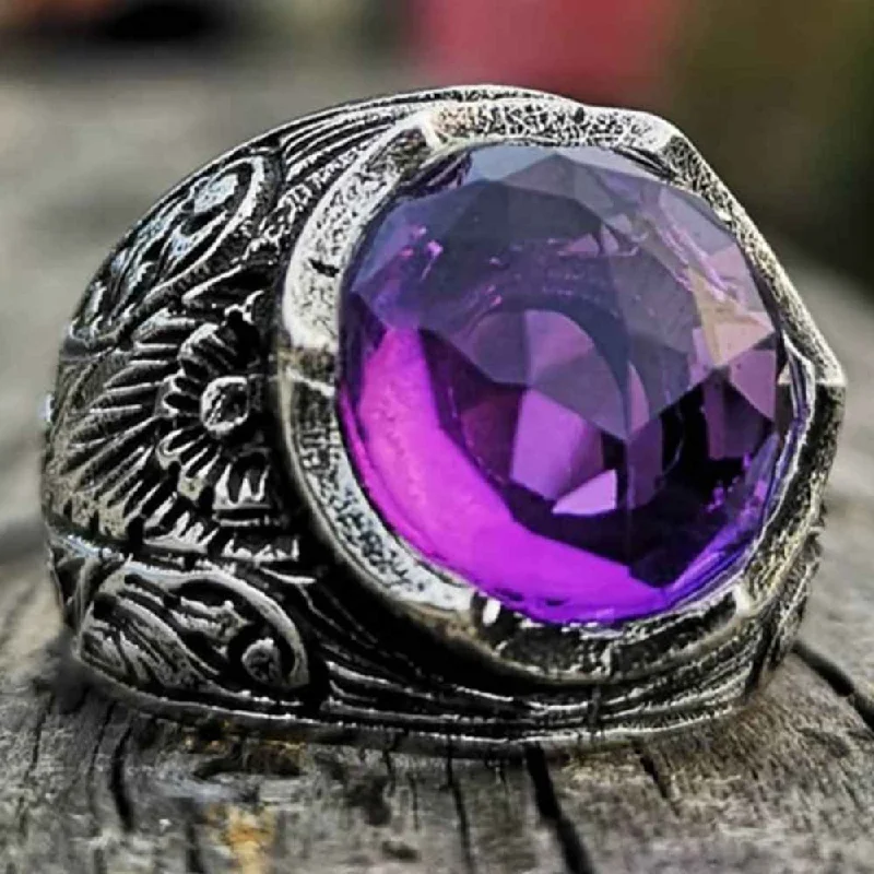 Shiny Amethyst Stone 925 Sterling Silver Luxury Mens Ring