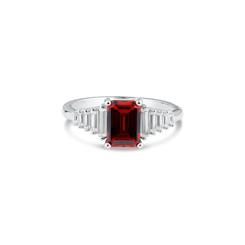 Rhodium Plated 925 Sterling Silver Square Clearn and Red CZ Ring - BGR01358