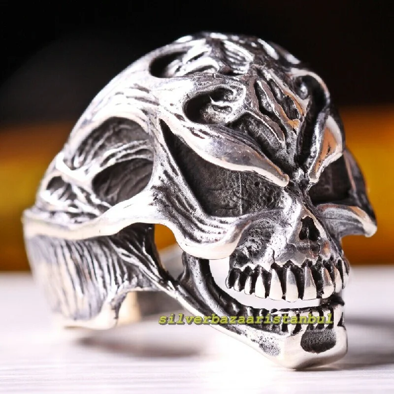 Skull Design Gothic No Stone Handmade 925 Sterling Silver Mens Ring