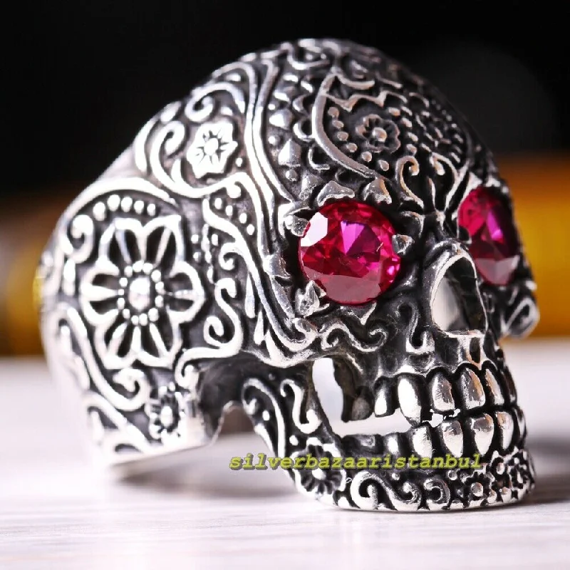 Skull Gothic Ruby Stone Luxury 925 Sterling Silver Mens Ring