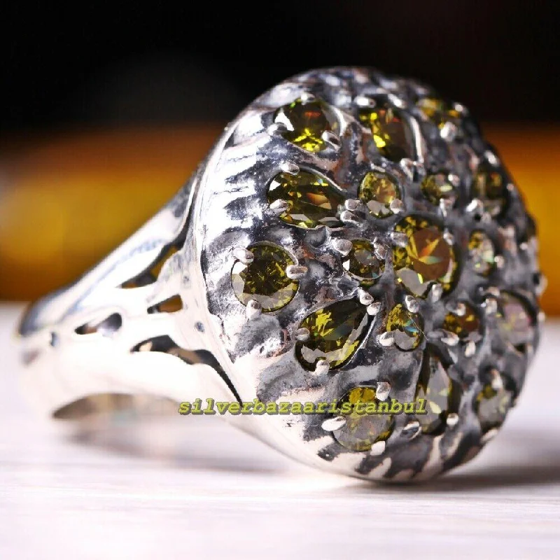 Small Round Green Peridot Stones 925 Sterling Silver Mens Ring