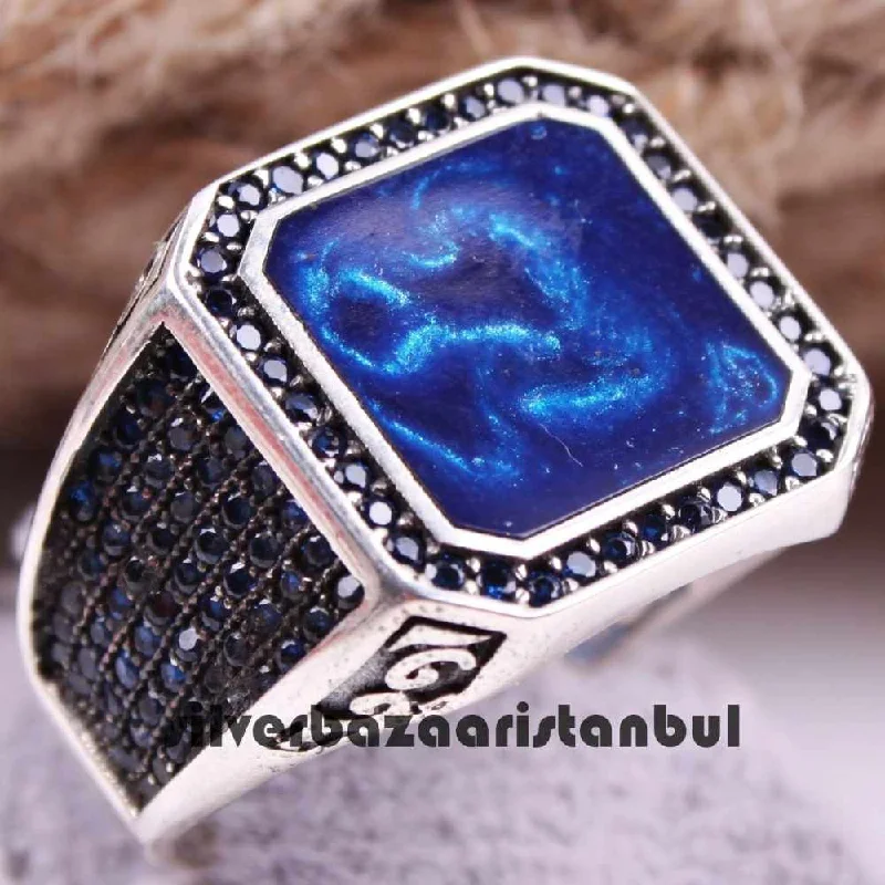 Space Design 925 Sterling Silver Blue Sapphire Mens Ring