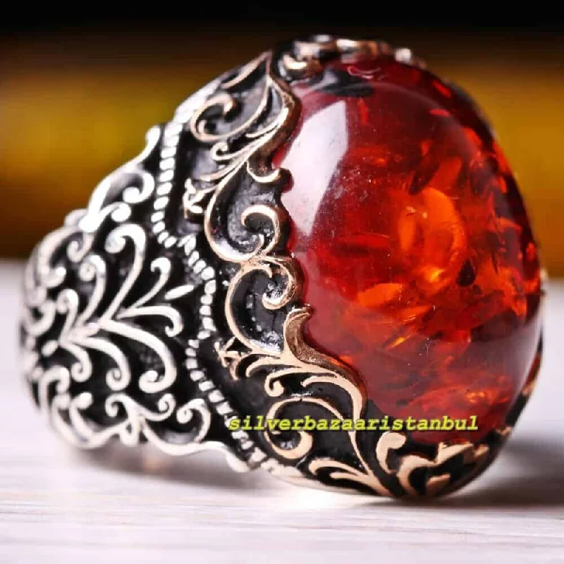 Special Orange Amber Stone Exclusive 925 Sterling Silver Mens Ring