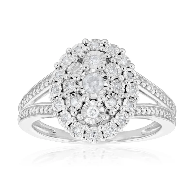 Sterling Silver 1/5 Carat Diamond Oval Cluster Ring with 27 Brilliant Diamonds