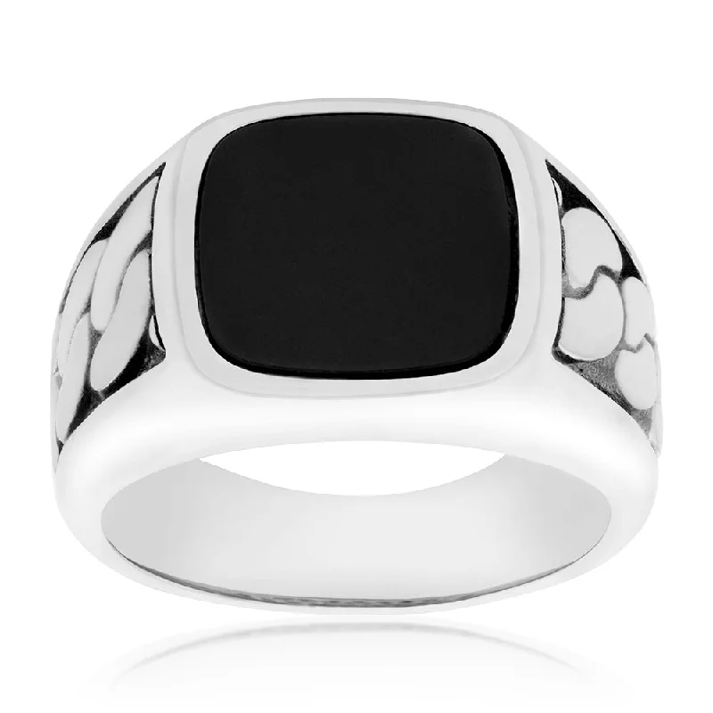 Sterling Silver Black Square Oynx Stone Fancy Rings