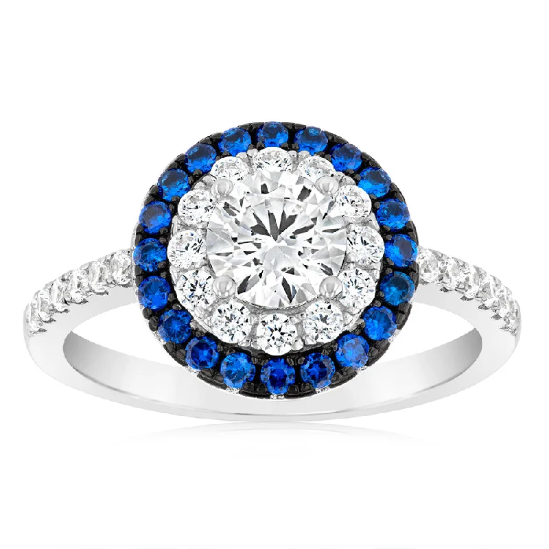 Sterling Silver Blue And White Zirconia Fancy Ring