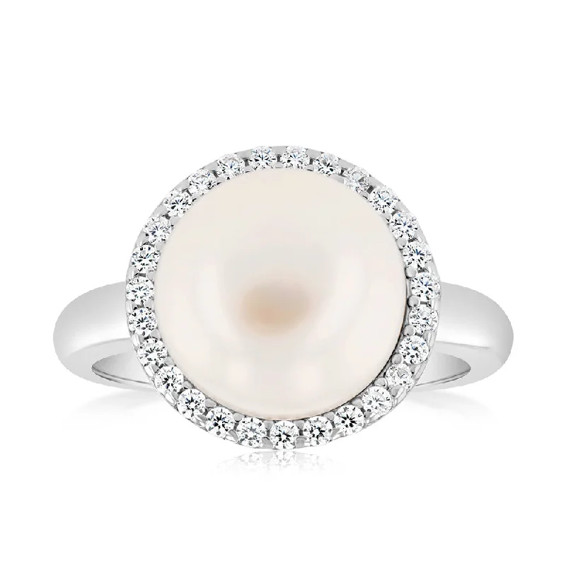 Sterling Silver Fresh Water Pearl And Zirconia Fancy Ring